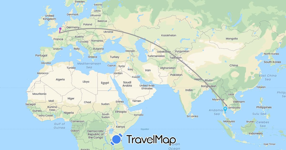 TravelMap itinerary: driving, plane, train, boat in France, Thailand (Asia, Europe)